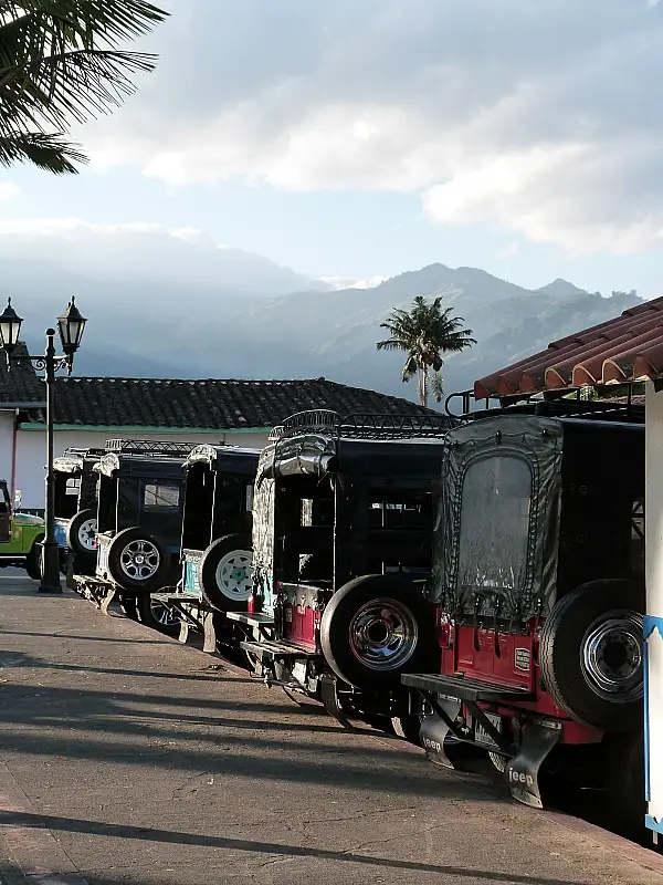 Jeeps lined up in the main square of Salento in Colombia's Coffee Region