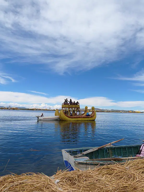 Traditional boat at the Floating Uros Islands of Lake Titicaca, Peru