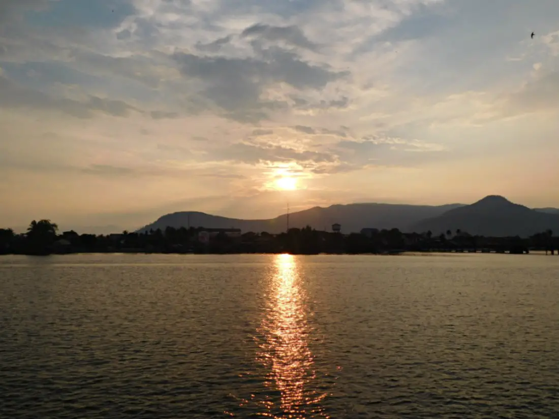 Sunset over the river in Kampot in Cambodia