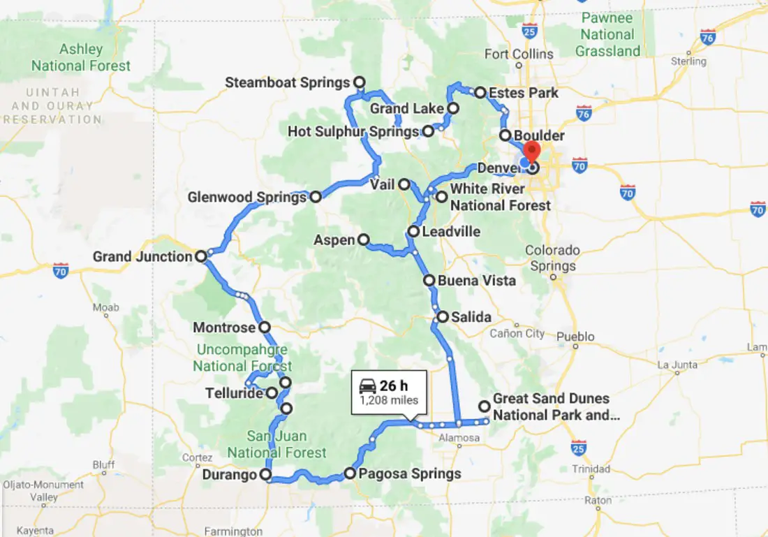 Colorado Itinerary Road Trip Map