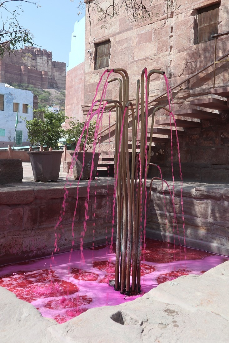 Colorful fountain during Jodhpur Holi