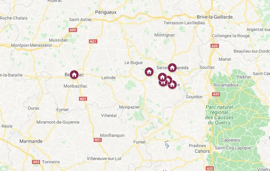 Most Beautiful Towns in Dordogne Map